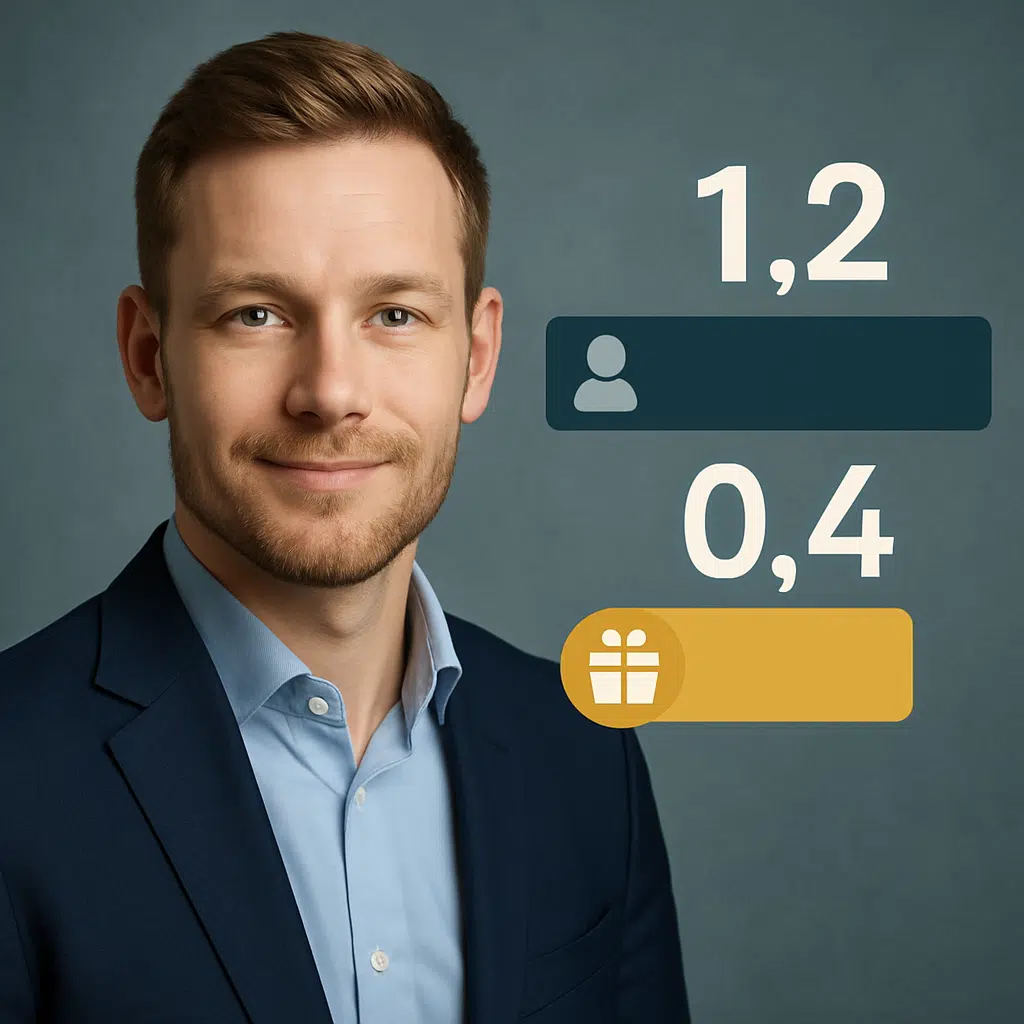 Portræt af Emil Nielsen med infografik, der illustrerer hans årsløn og bonuspakke for 2024