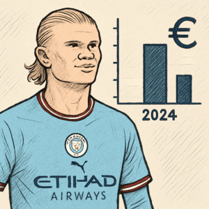 Erling Haaland i Manchester City-trøje foran grafik, der viser erling haaland løn i 2024
