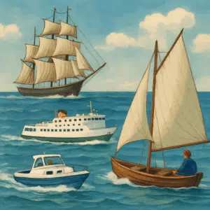 Illustration med forskellige fartøjer – skibe, både og en færge på havet