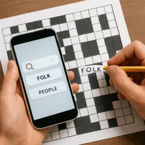 Person med blyant og smartphone bruger digitalt søgeværktøj til folk-krydsord og finder løsningsord og synonymer