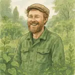 Frank Erichsen smilende i sin have iklædt grøn arbejdsjakke blandt planter – frank erichsen løn