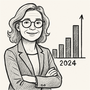 Portræt af Helle Østergaard Kristiansen med søjlediagram, der illustrerer hendes løn i 2024