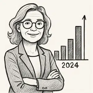 Portræt af Helle Østergaard Kristiansen med søjlediagram, der illustrerer hendes løn i 2024