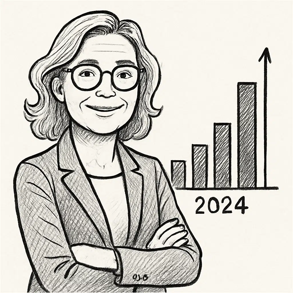 Portræt af Helle Østergaard Kristiansen med søjlediagram, der illustrerer hendes løn i 2024