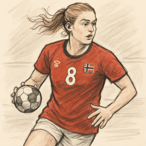 Henny Reistad i norsk landsholdstrøje med bold på banen, illustrerer artikel om hendes løn og indtægter.