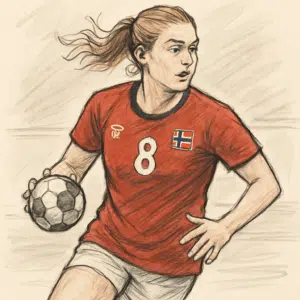 Henny Reistad i norsk landsholdstrøje med bold på banen, illustrerer artikel om hendes løn og indtægter.