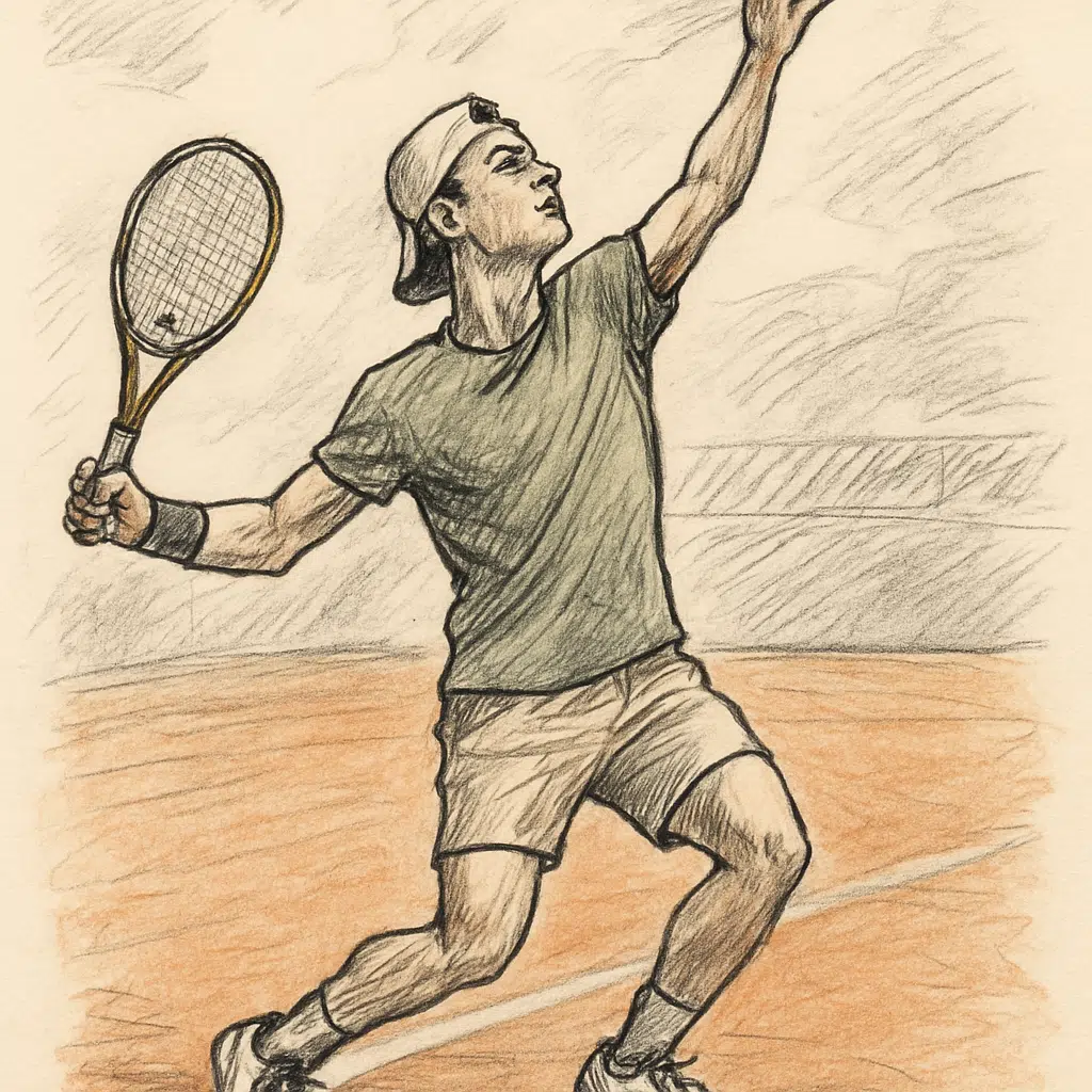Holger Rune serverer på grusbanen i tennisturnering – billede til artikel om Holger Rune løn 2024
