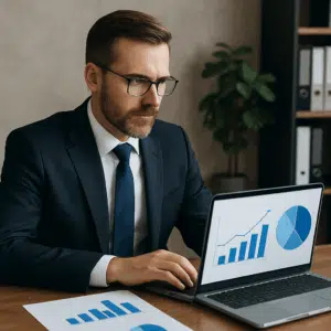 Direktør i jakkesæt med bærbar computer og grafer, der illustrerer CEO løn 2024 og kompensationsanalyse i Danmark