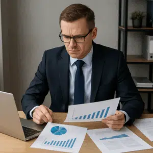 En CFO iført jakkesæt sidder ved et skrivebord med laptop, grafer og dokumenter og analyserer CFO-lønstatistikker for Danmark 2024.