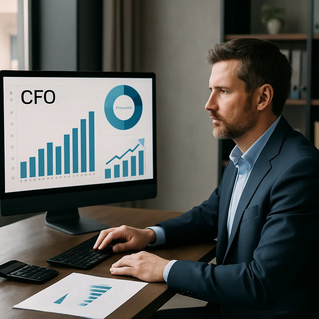 En CFO iført jakkesæt sidder ved et skrivebord med laptop, grafer og dokumenter og analyserer CFO-lønstatistikker for Danmark 2024.