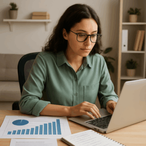 SoMe-manager ved skrivebord med laptop og diagrammer over lønstatistik i 2024 samt notater med lønforhandlingstips.