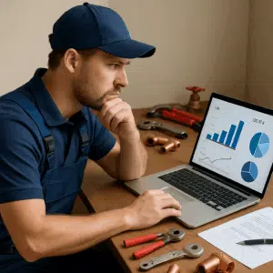 VVS-installatør studerer laptop med lønstatistikker 2024, omgivet af værktøj og dokumenter til lønsamtale.
