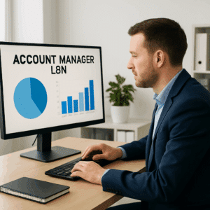Virksomhedsmedarbejder ved skrivebord med lønstatistik for account manager, diagrammer over gennemsnitlig løn og bonusser
