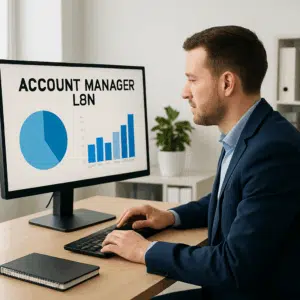 Virksomhedsmedarbejder ved skrivebord med lønstatistik for account manager, diagrammer over gennemsnitlig løn og bonusser