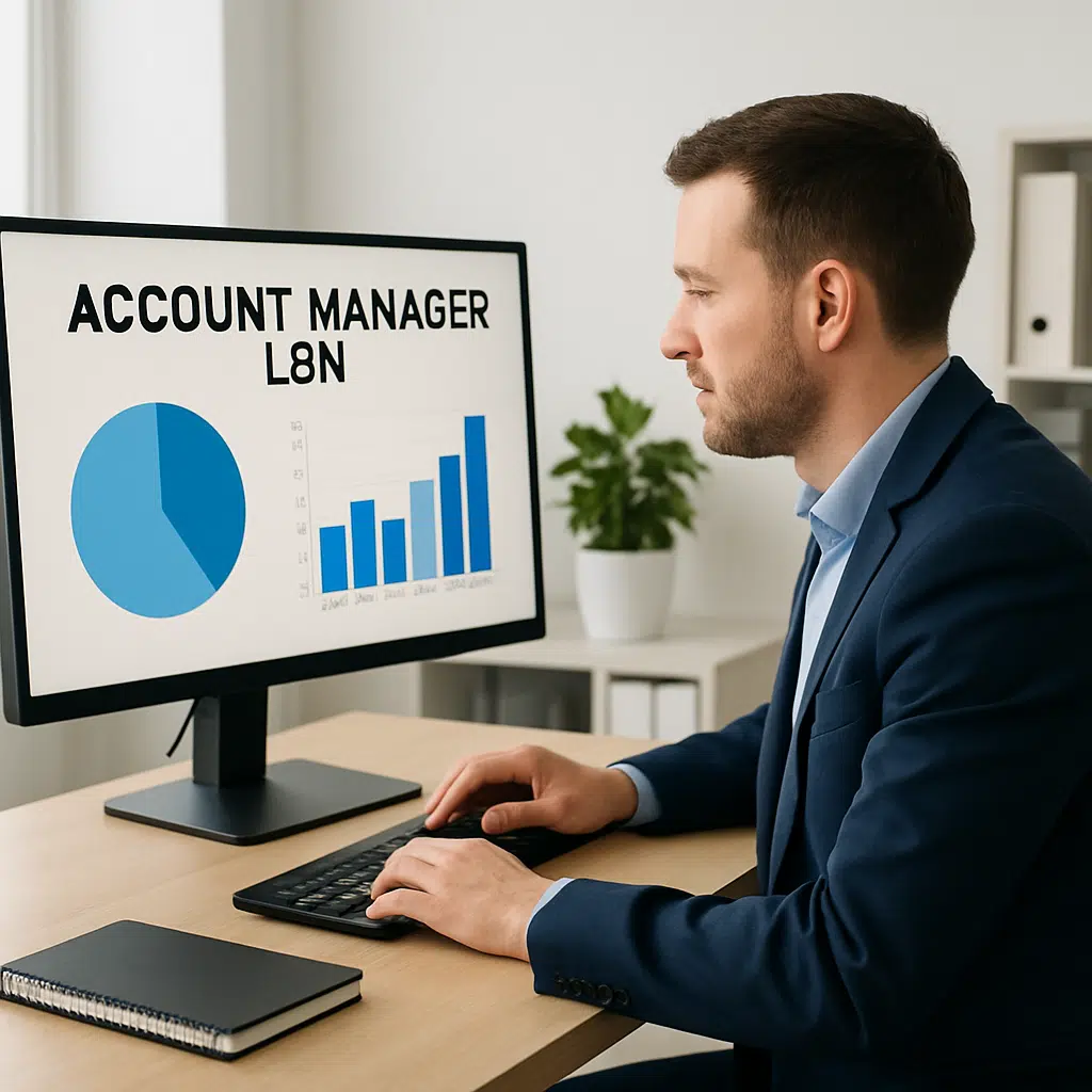 Virksomhedsmedarbejder ved skrivebord med lønstatistik for account manager, diagrammer over gennemsnitlig løn og bonusser