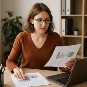 Adjunkt sidder ved skrivebord med bærbar computer og papirer med lønstatistik og frynsegoder for 2024.