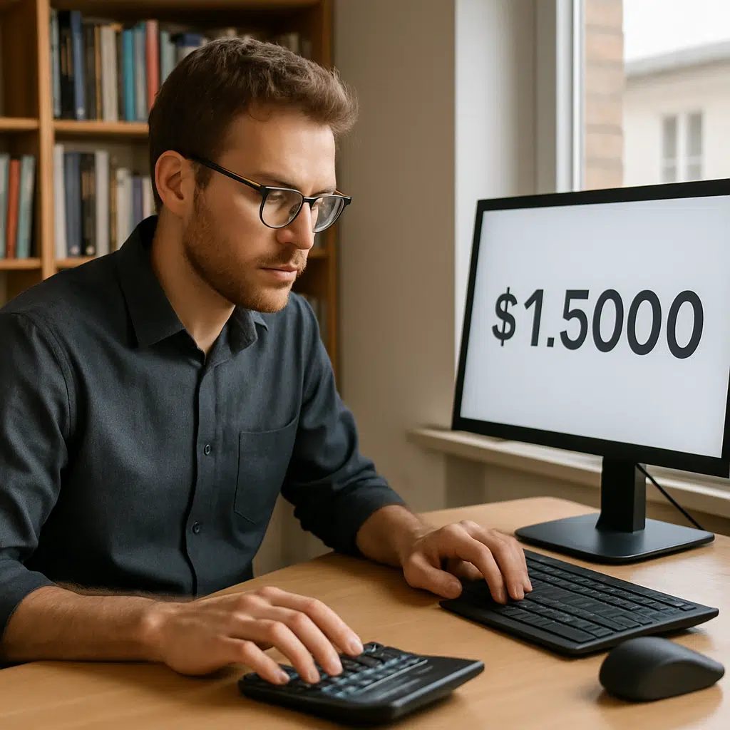 Adjunkt sidder ved skrivebord med bærbar computer og papirer med lønstatistik og frynsegoder for 2024.