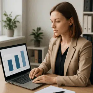 Administrativ koordinator arbejder ved en bærbar computer med løngrafer for gennemsnit, tillæg og bonus.