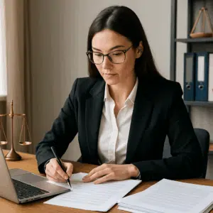 Kvindelig advokat ved skrivebord med laptop, papirer og pen forbereder advokat lønforhandling i 2024
