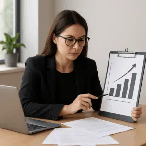 Kvinde ved skrivebord med bærbar computer, papirarbejde og diagram over stigende lønskala, der illustrerer advokatsekretærløn 2024.