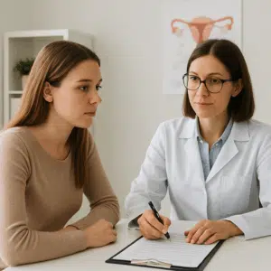 Kvinde hos fertilitetsklinik diskuterer ægdonor løn i Danmark med specialist over bord med dokumenter og pen