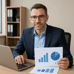 Afdelingsleder ved skrivebord med laptop og løndiagrammer over afdelingsleder løn, klar til lønforhandling i 2024