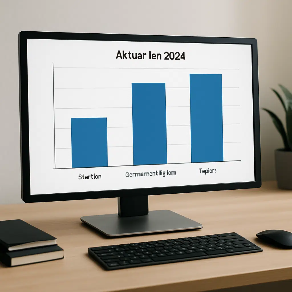 Aktuar foran computerskærm med diagrammer over lønstatistik, der illustrerer aktuar løn i Danmark 2024.