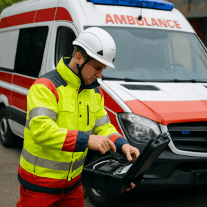 Ambulanceredder i reflekstøj og hjelm tjekker udstyr foran en rød-hvid ambulance