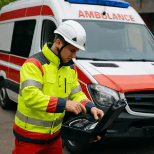 Ambulanceredder i reflekstøj og hjelm tjekker udstyr foran en rød-hvid ambulance