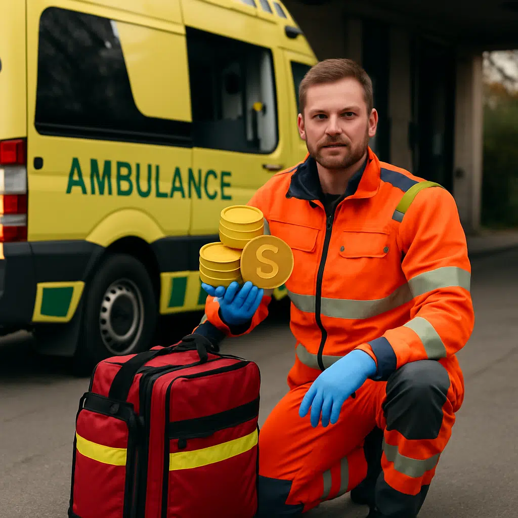Ambulanceredder i reflekstøj og hjelm tjekker udstyr foran en rød-hvid ambulance