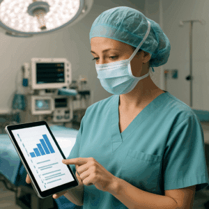 Anæstesisygeplejerske løn: Sygeplejerske i operationsstue studerer lønstatistikker og forhandlingstips på tablet.