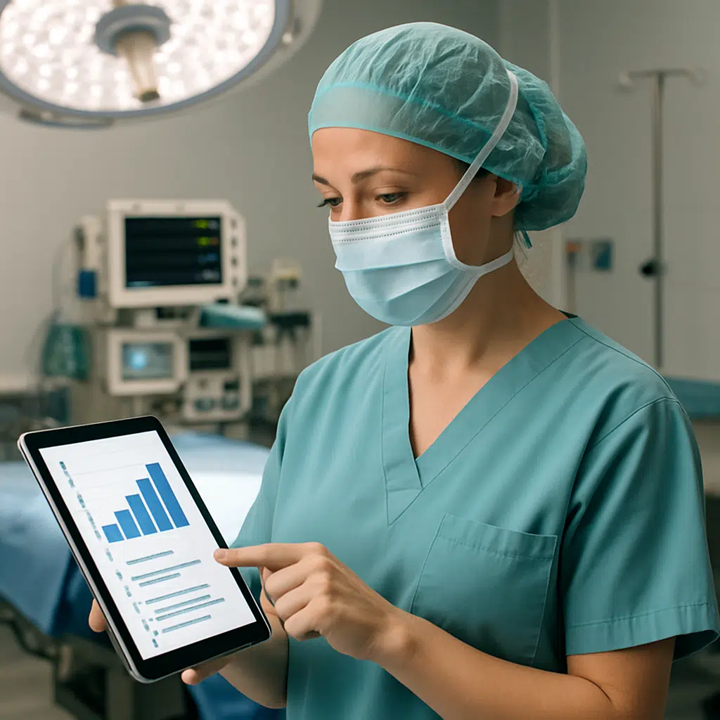 Anæstesisygeplejerske løn: Sygeplejerske i operationsstue studerer lønstatistikker og forhandlingstips på tablet.
