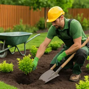 An anlægsgartner iført arbejdstøj og sikkerhedshjelm planter buske og planter i et nyanlagt havebed med skovl og trillebør.