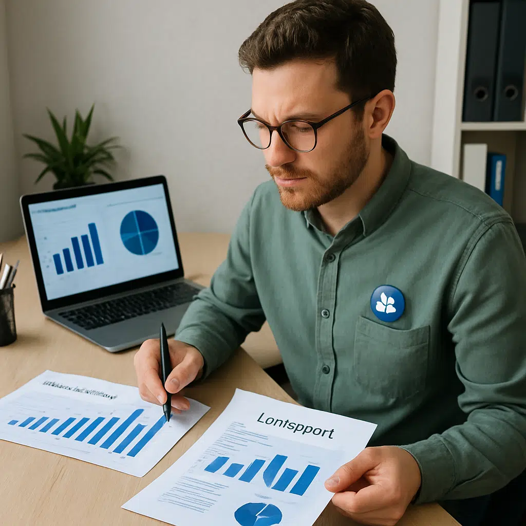 Arbejdsmiljørepræsentant analyserer gennemsnitlig løn og tillæg ved skrivebord med bærbar computer og lønrapporter.