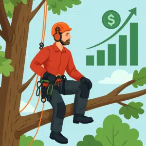 Arborist i sikkerhedsudstyr på en trægren med grafik, der illustrerer arborist-løn og lønudvikling i 2024