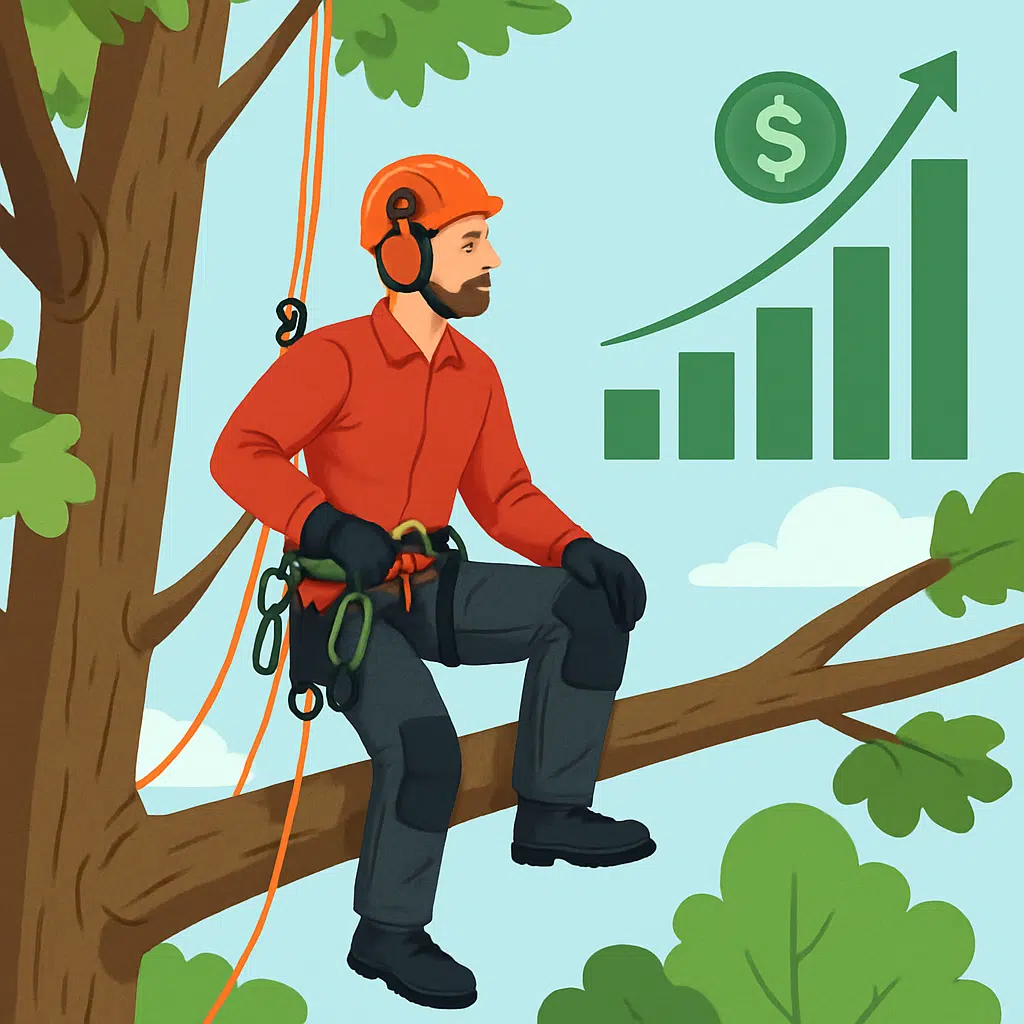 Arborist i sikkerhedsudstyr på en trægren med grafik, der illustrerer arborist-løn og lønudvikling i 2024