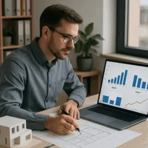 Arkitekt ved skrivebord med byggeplaner og laptop, der viser grafer over løn, bonus og lønvækst for 2024