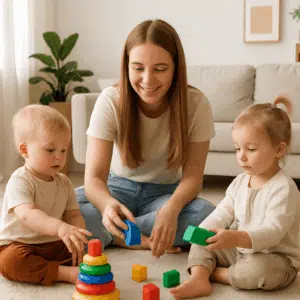 Ung kvindelig au pair leger med to små børn i en lys stue – symbol på au pair løn og goder i Danmark 2024