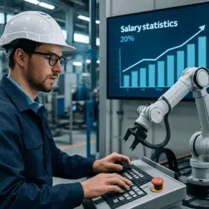 Automationsteknolog arbejder ved robotarm og kontrolpanel i moderne fabrik, mens skærm viser lønstatistik for 2024.