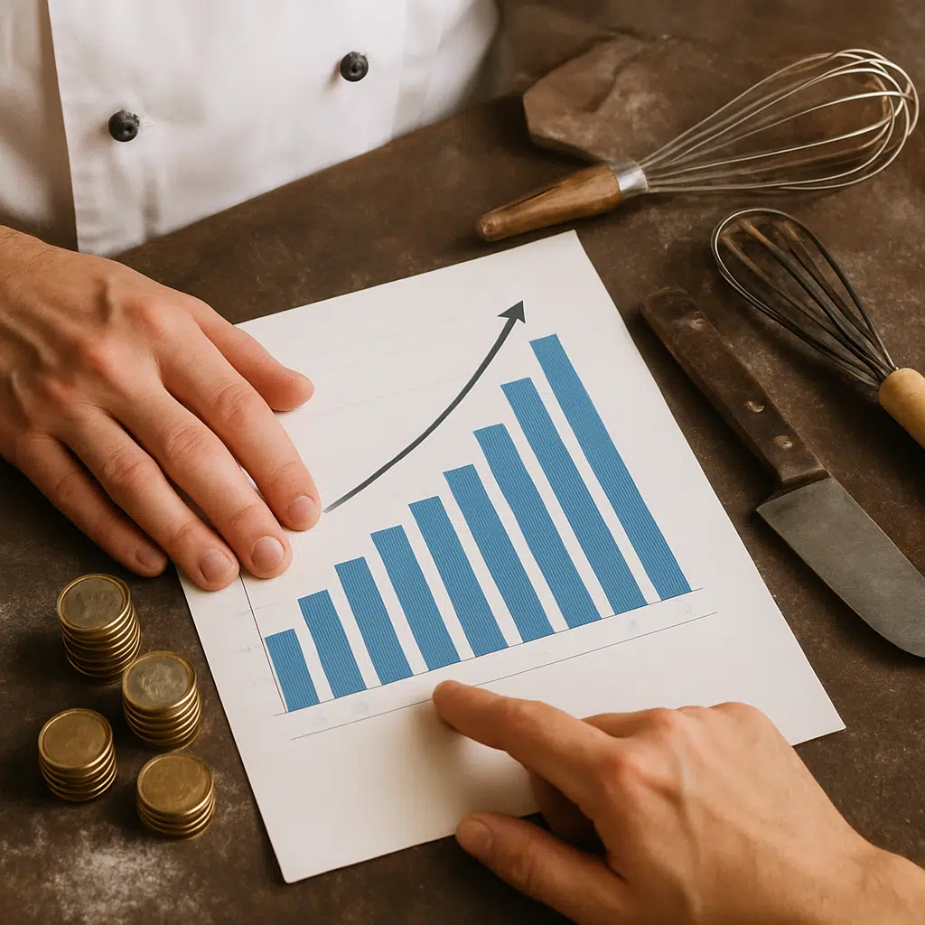 Bagermester gennemgår bager løn statistik på dokument ved siden af mønter og bageværktøj