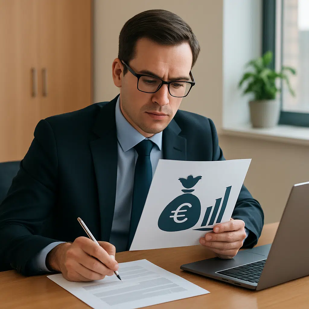 Professionel bankrådgiver ved skrivebord med dokumenter og laptop, symbol på lønforhandling og bonus i 2024