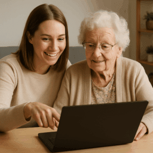 Besøgsven og ældre dame foran laptop gennemgår aktuelle satser for besøgsven-løn