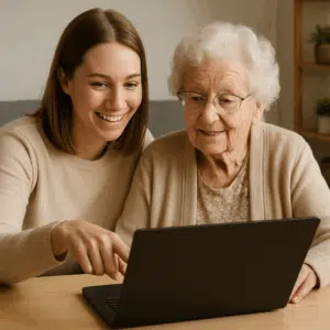 Besøgsven og ældre dame foran laptop gennemgår aktuelle satser for besøgsven-løn