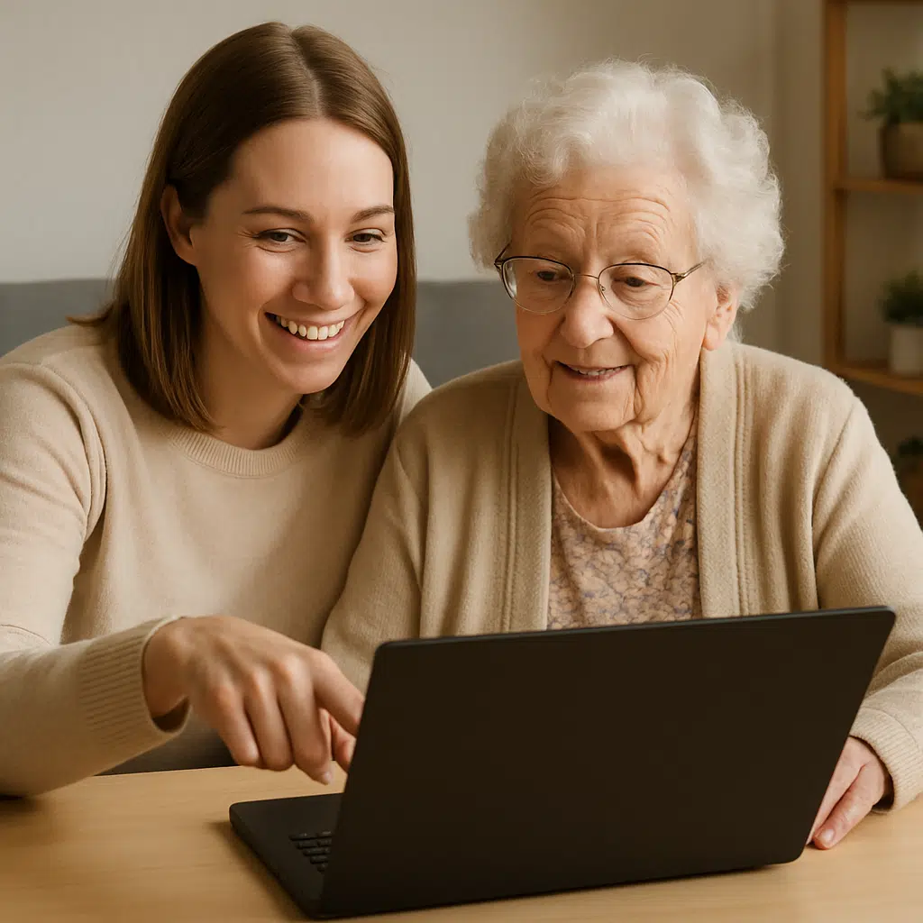 Besøgsven og ældre dame foran laptop gennemgår aktuelle satser for besøgsven-løn