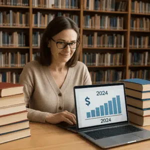 En bibliotekar ved et lyst træbord omgivet af stakke bøger og med en bærbar computer, der viser en oversigt over bibliotekar løn i 2024.