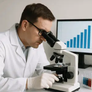 Bioanalytiker i hvid kittel undersøger prøver ved mikroskop med graf over bioanalytiker løn 2024 på computerskærm i baggrunden