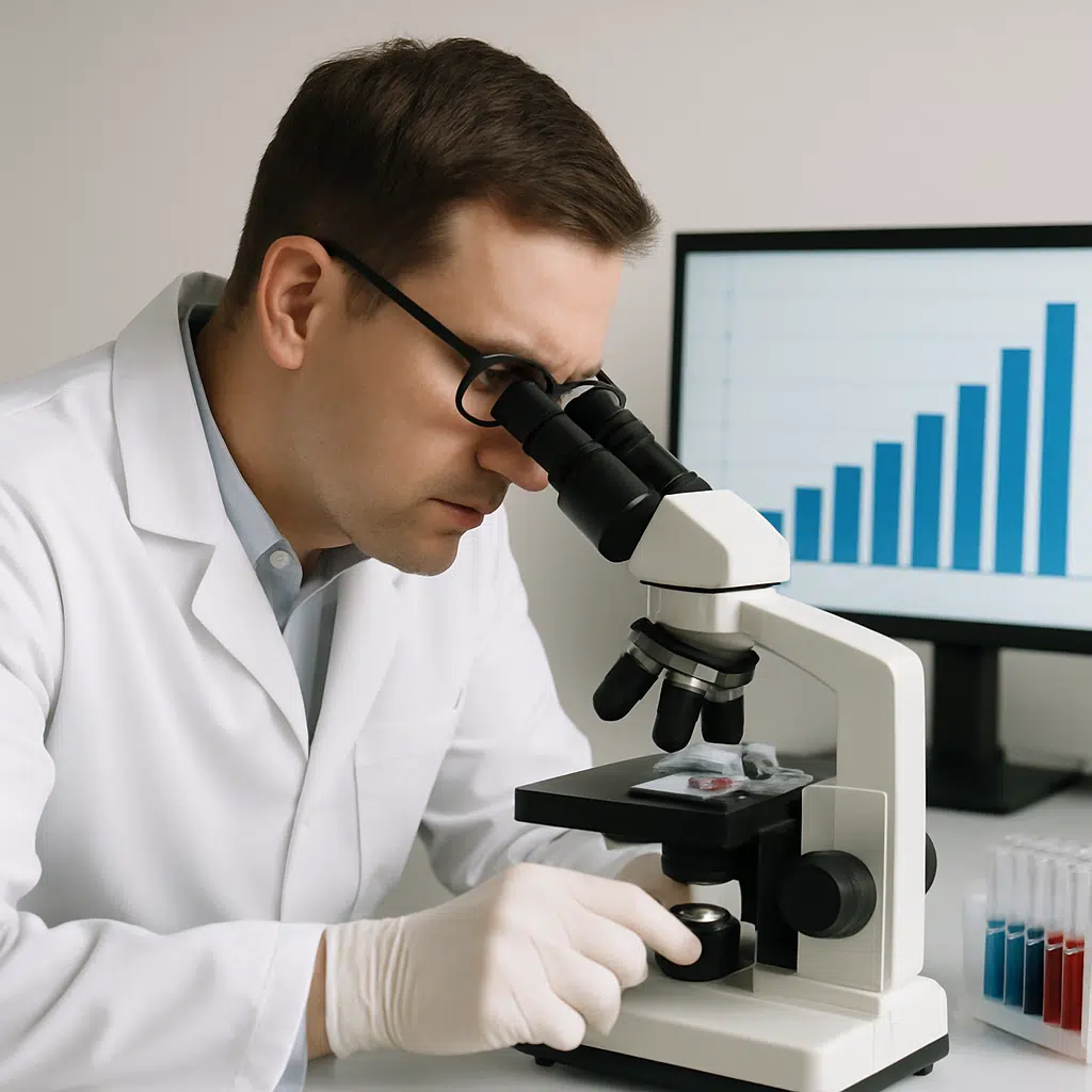 Bioanalytiker i hvid kittel undersøger prøver ved mikroskop med graf over bioanalytiker løn 2024 på computerskærm i baggrunden