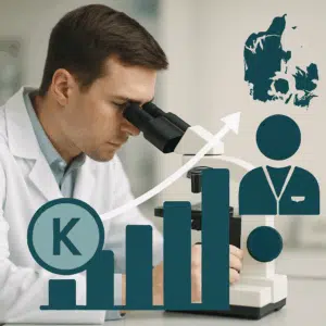 Biolog i hvid kittel kigger i mikroskop, overlejret med grafisk illustration af biolog løn og karriereveje i Danmark 2024