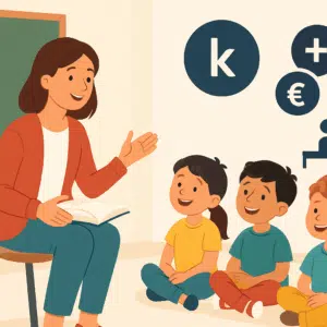 Børnehaveklasseleder underviser glade børn, mens grafiske ikoner for løn, tillæg og karrieremuligheder vises ved siden af billederne.