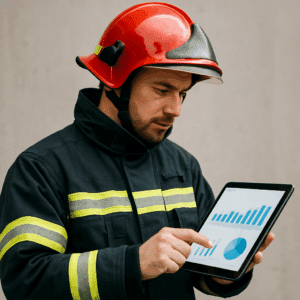 Brandmand iført uniform og hjelm, der studerer lønstatistik på en tablet.